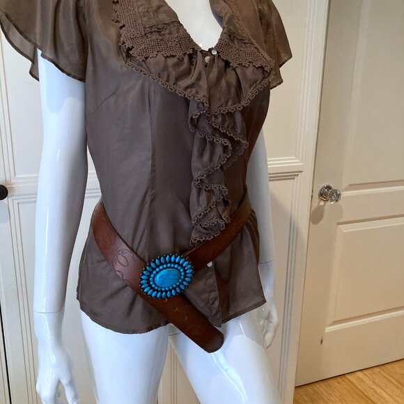 Lucky brand button front lace trim silk blouse Sz M square collar flutter sleeve - Picture 1 of 14